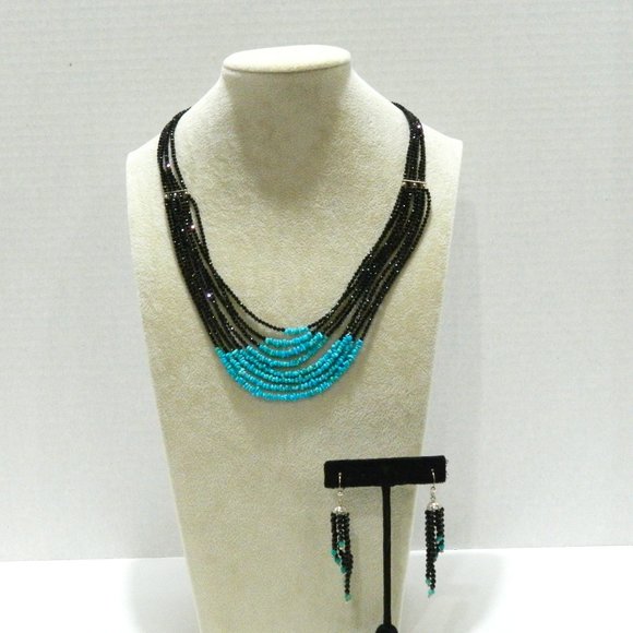 Jay King black spinel and angel peak turquoise beaded necklace and earrings set